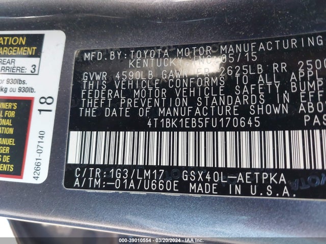 Toyota AVALON LIMITED 2015 4T1BK1EB5FU170645 Image 9