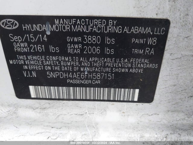 Hyundai ELANTRA SE 2015 5NPDH4AE6FH587151 Image 9