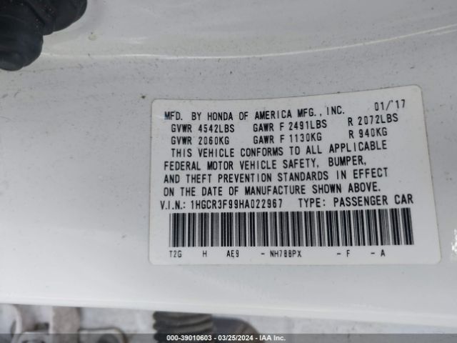 1HGCR3F99HA022967 Honda Accord Touring V6