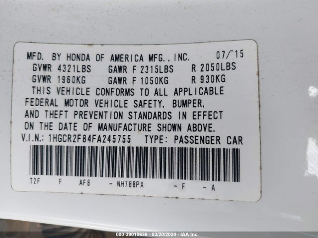 Honda Accord Ex-l 2015 1HGCR2F84FA245755 Image 9