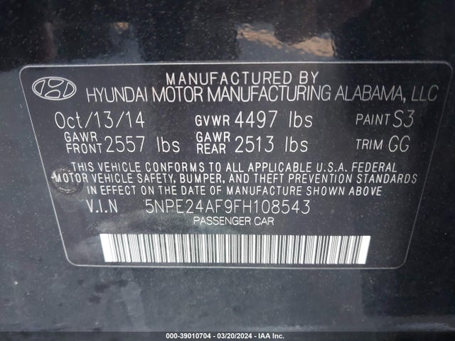 Hyundai SONATA SE 2015 5NPE24AF9FH108543 Image 9