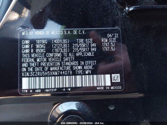 3CZRU5H5XNM744079 Honda Hr-v 2wd Ex