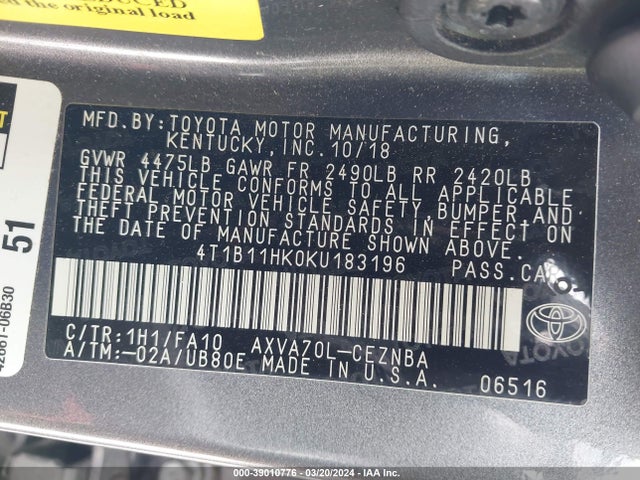 Toyota CAMRY LE 2019 4T1B11HK0KU183196 Image 9