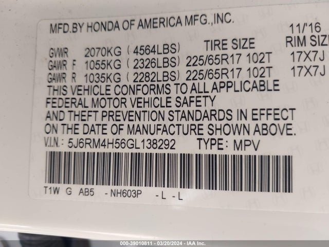 Honda CR-V EX 2016 5J6RM4H56GL138292 Image 9