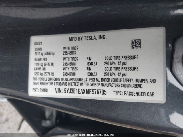 5YJ3E1EAXMF976705 Tesla Model 3 Standard Range Plus Rear-wheel Drive