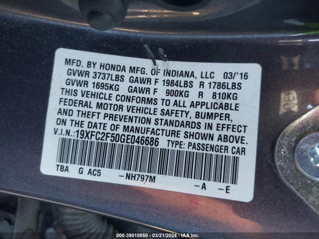 Honda Civic Lx 2016 19XFC2F50GE046686 Image 9
