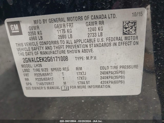 Chevrolet EQUINOX LT 2016 2GNALCEK2G6171008 Image 9