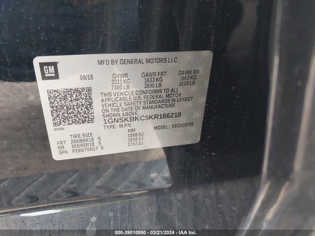 Chevrolet Tahoe Lt 2019 1GNSKBKC5KR166218 Image 9