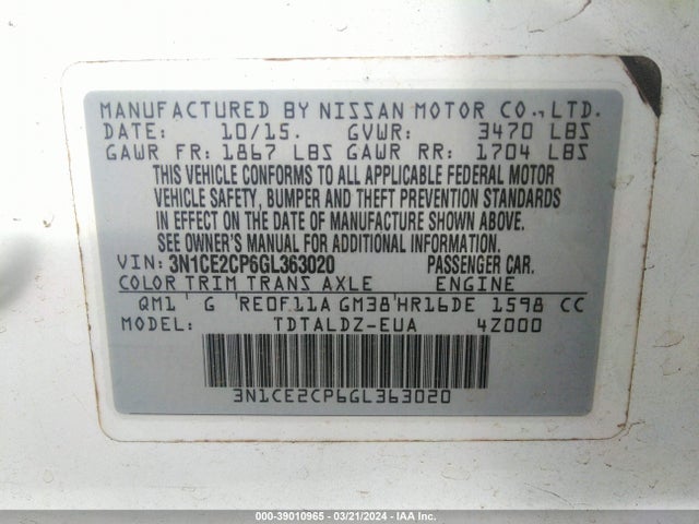 Nissan Versa Note S (sr)/s Plus/sl/sr/sv 2016 3N1CE2CP6GL363020 Image 9