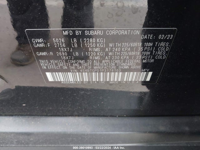4S4BTGPD1P3178103 Subaru Outback Touring Xt