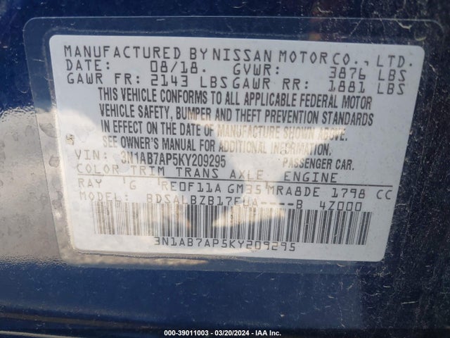 Nissan SENTRA S 2019 3N1AB7AP5KY209295 Image 9