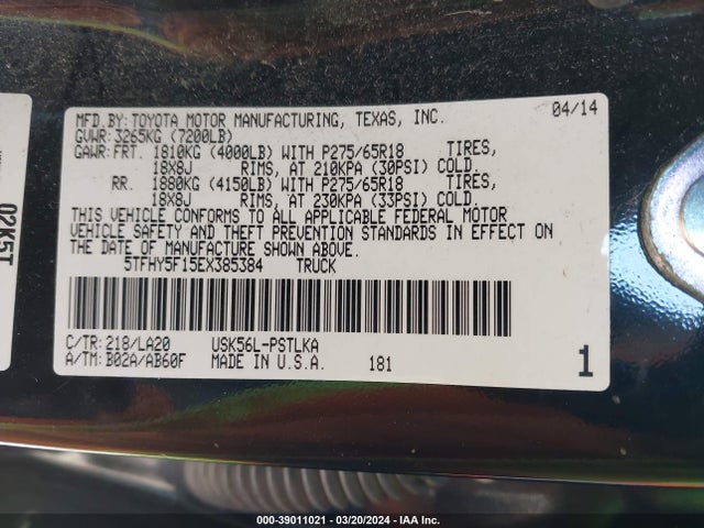 5TFHY5F15EX385384 Toyota Tundra Limited 5.7l V8
