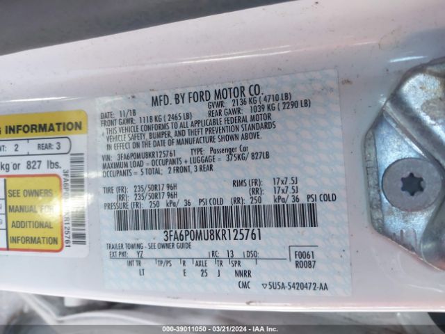 3FA6P0MU8KR125761 Ford Fusion Hybrid Sel