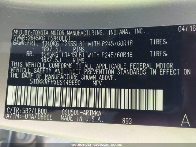 Toyota Highlander Xle V6 2016 5TDKKRFHXGS149690 Image 9