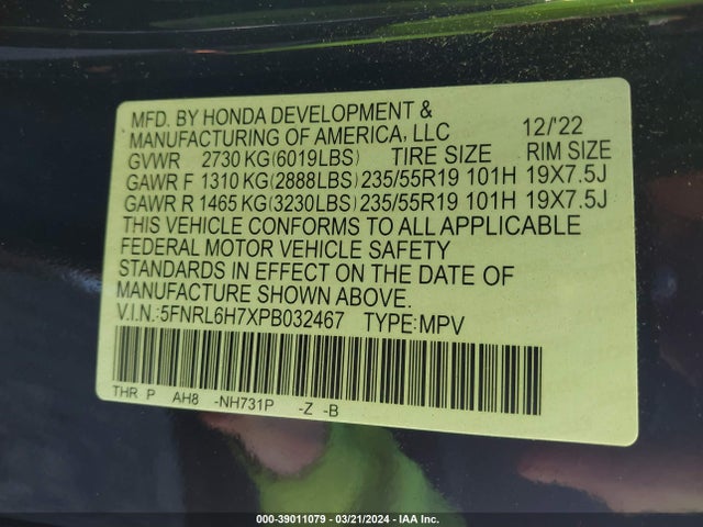 5FNRL6H7XPB032467 Honda Odyssey Sport