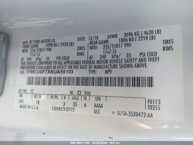 Ford ESCAPE S 2019 1FMCU0F7XKUA59103 Image 9