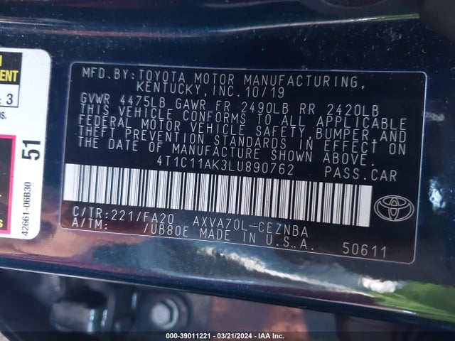 Toyota CAMRY LE 2020 4T1C11AK3LU890762 Image 9