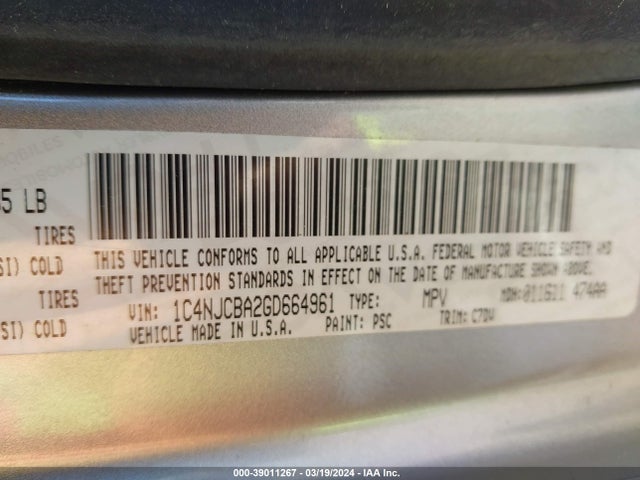Jeep Compass Sport 2016 1C4NJCBA2GD664961 Image 9