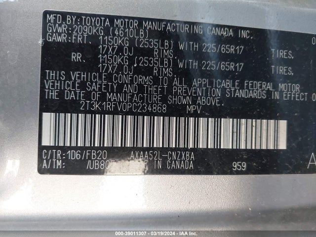 2023 TOYOTA RAV4 LE VIN: 2T3K1RFV0PC234868