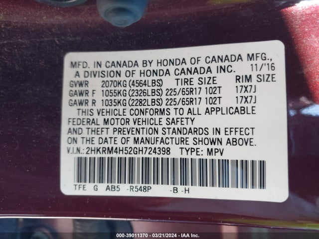 Honda CR-V EX 2016 2HKRM4H52GH724398 Image 9