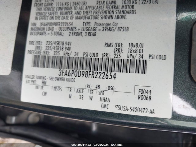 Ford Fusion Titanium 2015 3FA6P0D98FR222654 Image 9