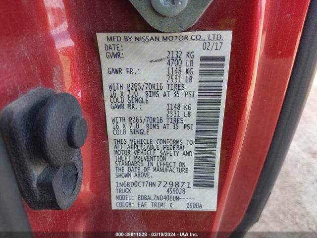 Nissan Frontier Sv-i4 2017 1N6BD0CT7HN729871 Image 9