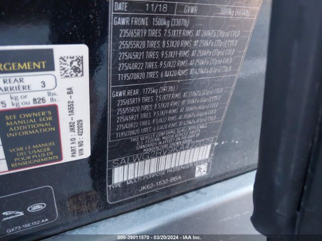 SALWG2RV9KA422029 Land Rover Range Rover Sport Se