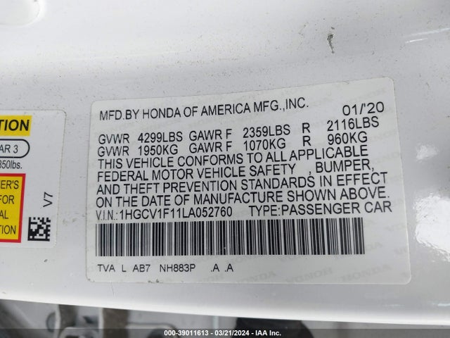 Honda ACCORD LX 2020 1HGCV1F11LA052760 Image 9