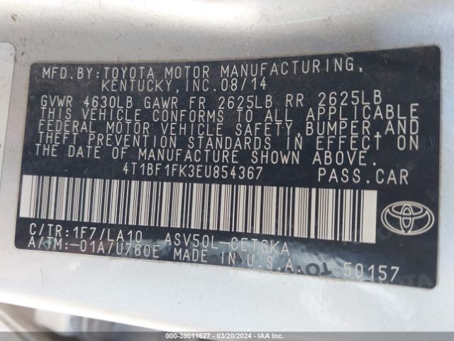 4T1BF1FK3EU854367 Toyota CAMRY XLE