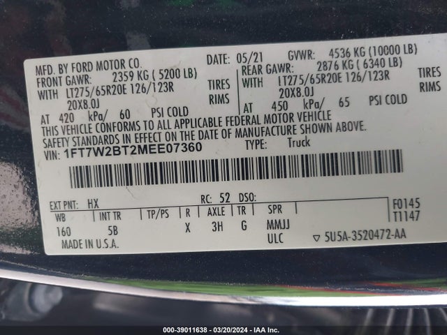 Ford F-250 Lariat 2021 1FT7W2BT2MEE07360 Image 9