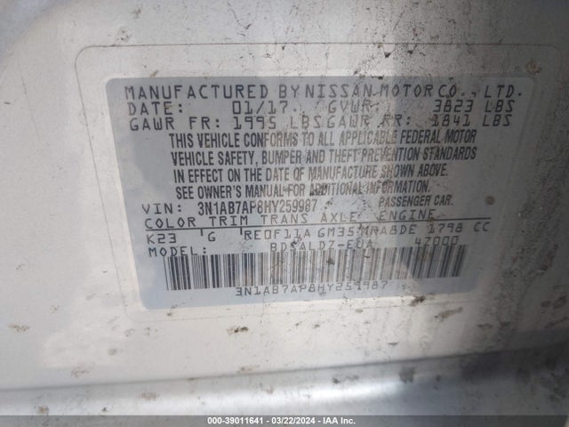 Nissan SENTRA SV 2017 3N1AB7AP8HY259987 Image 9