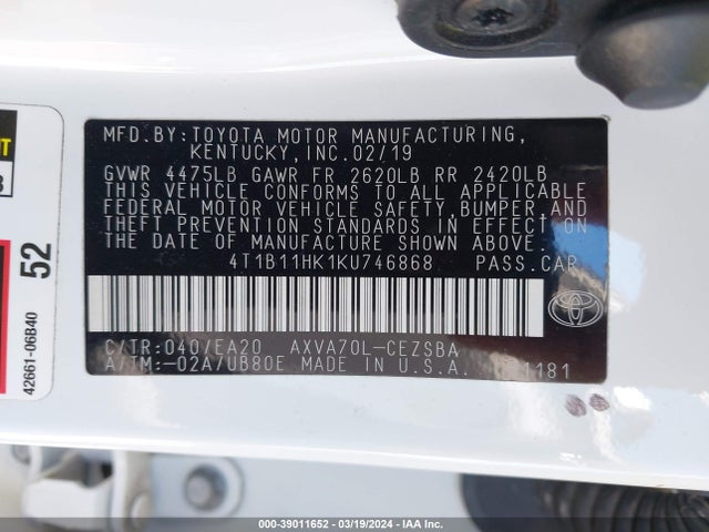 Toyota CAMRY SE 2019 4T1B11HK1KU746868 Image 9