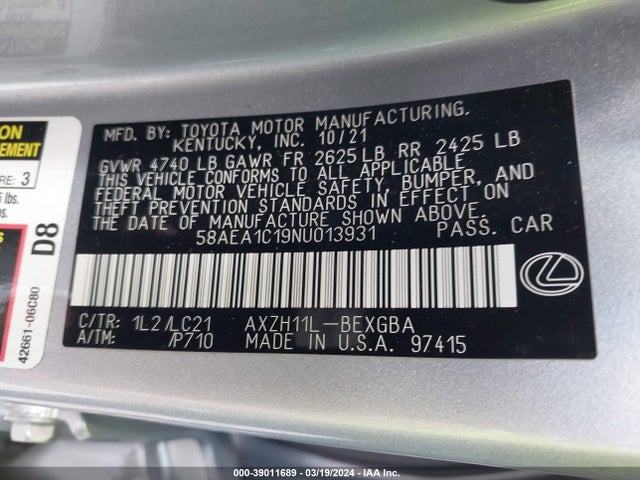 Lexus Es 300h Luxury 2022 58AEA1C19NU013931 Image 9