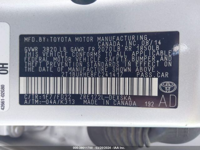 2T1BURHE8FC241417 Toyota Corolla S Plus