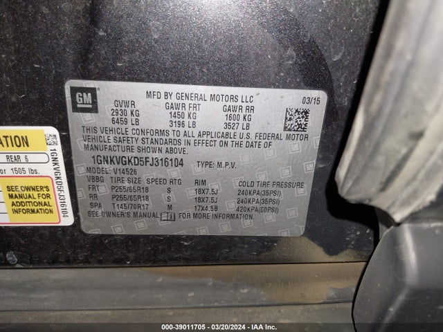 Chevrolet Traverse 1lt 2015 1GNKVGKD5FJ316104 Image 9