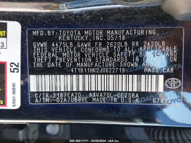 Toyota CAMRY SE 2018 4T1B11HK2JU622719 Image 9