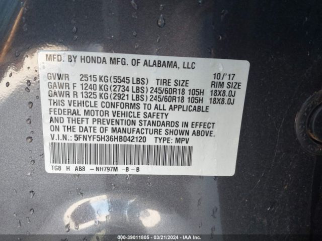5FNYF5H36HB042120 Honda Pilot Ex