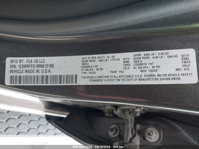 RAM 1500 Big Horn  4x4 5'7 Box 2021 1C6RRFFG1MN613166 Image 9