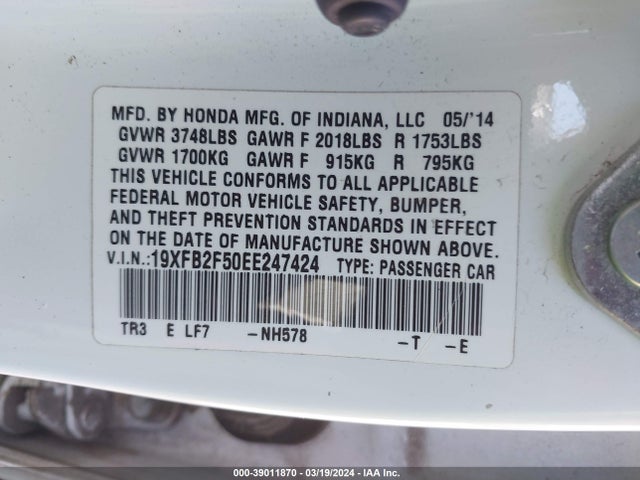 Honda Civic Lx 2014 19XFB2F50EE247424 Image 9