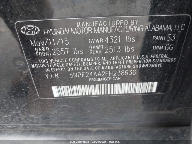 Hyundai SONATA ECO 2015 5NPE24AA2FH238636 Image 9