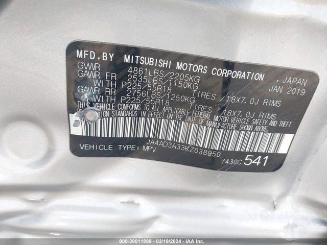 Mitsubishi Outlander Le 2019 JA4AD3A33KZ038950 Image 9