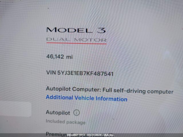 5YJ3E1EB7KF487541 Tesla Model 3 Long Range/performance