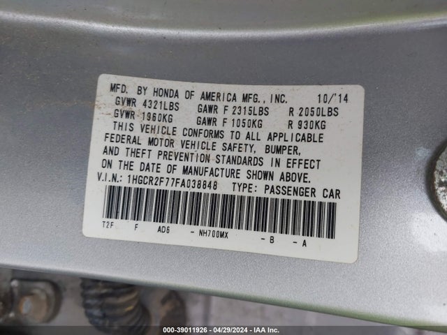 Honda ACCORD EX 2015 1HGCR2F77FA038848 Image 9