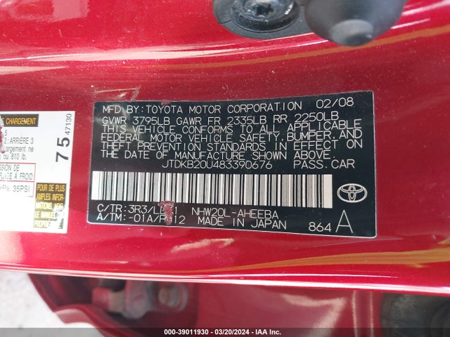 39011930 :رقم المزاد ، JTDKB20U483390676 vin ، 2008 Toyota Prius مزاد بيع