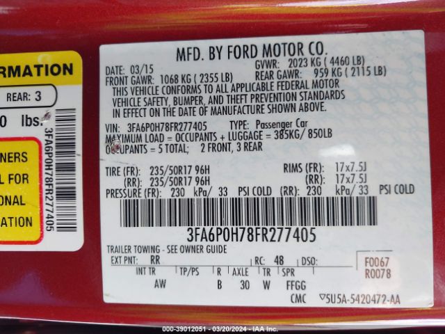 3FA6P0H78FR277405 Ford FUSION SE