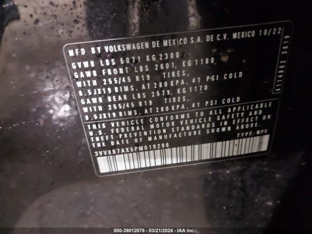 3VV8B7AX5PM019296 Volkswagen Tiguan 2.0t Se R-line Black