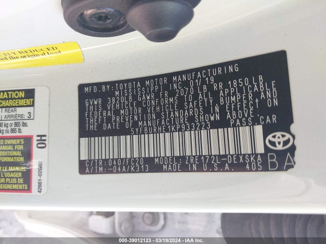 Toyota COROLLA SE 2019 5YFBURHE1KP933223 Image 9