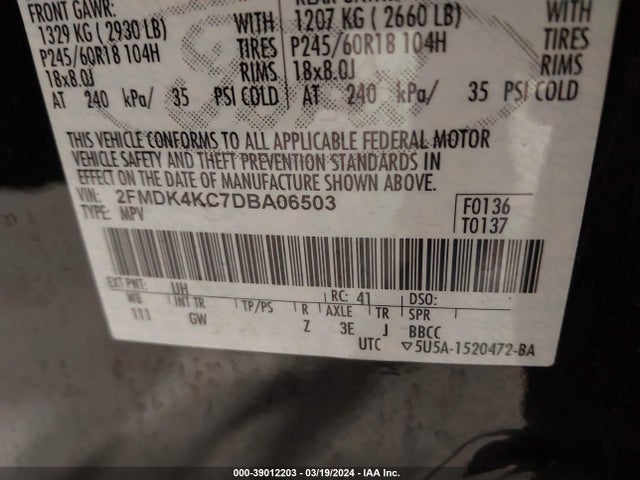Aukcja sprzedaży 2013 Ford Edge Limited, vin: 2FMDK4KC7DBA06503, numer aukcji: 39012203