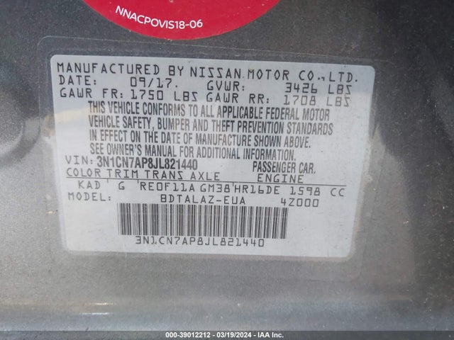 Nissan Versa 1.6 S+ 2018 3N1CN7AP8JL821440 Image 9