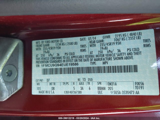 Ford ESCAPE SE 2014 1FMCU9G94EUE19586 Image 9